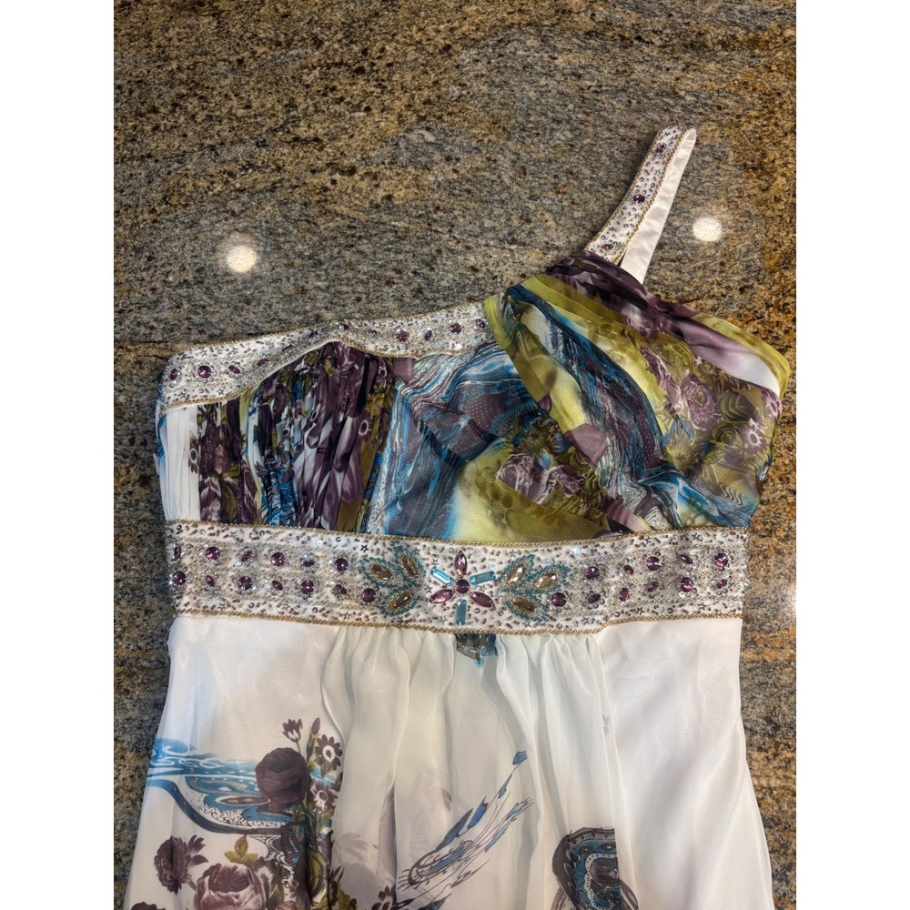 Dancing Queen Embellished One Shoulder Maxi Dress Floral Print White XXL - Picture 3 of 13